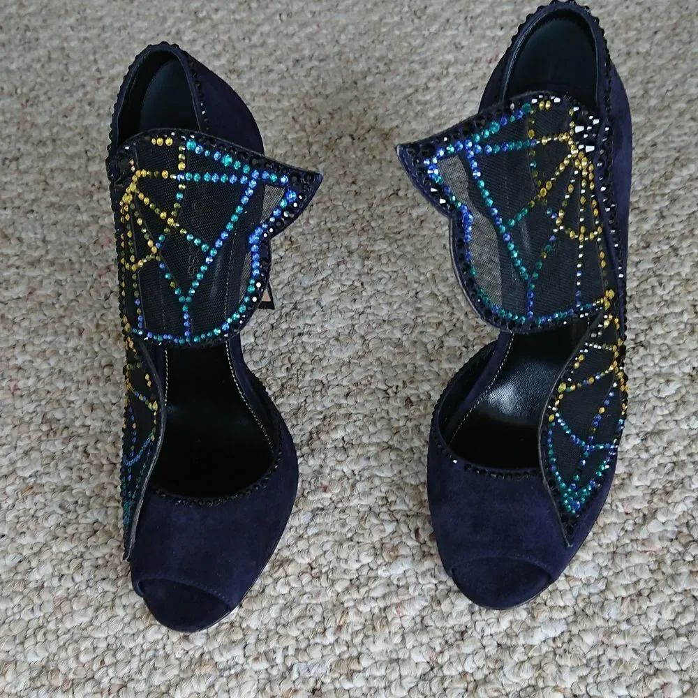 Sergio Rossi Poetic Surrealism night blue butterfly suede heels size 6.5